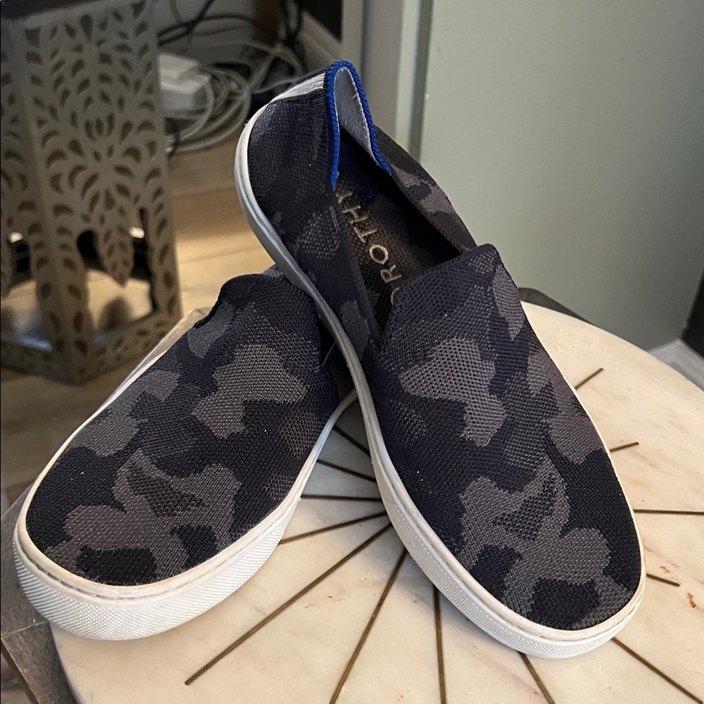 Rothy's, 6.5, Black and Blue Camouflage Slip-On Loafers